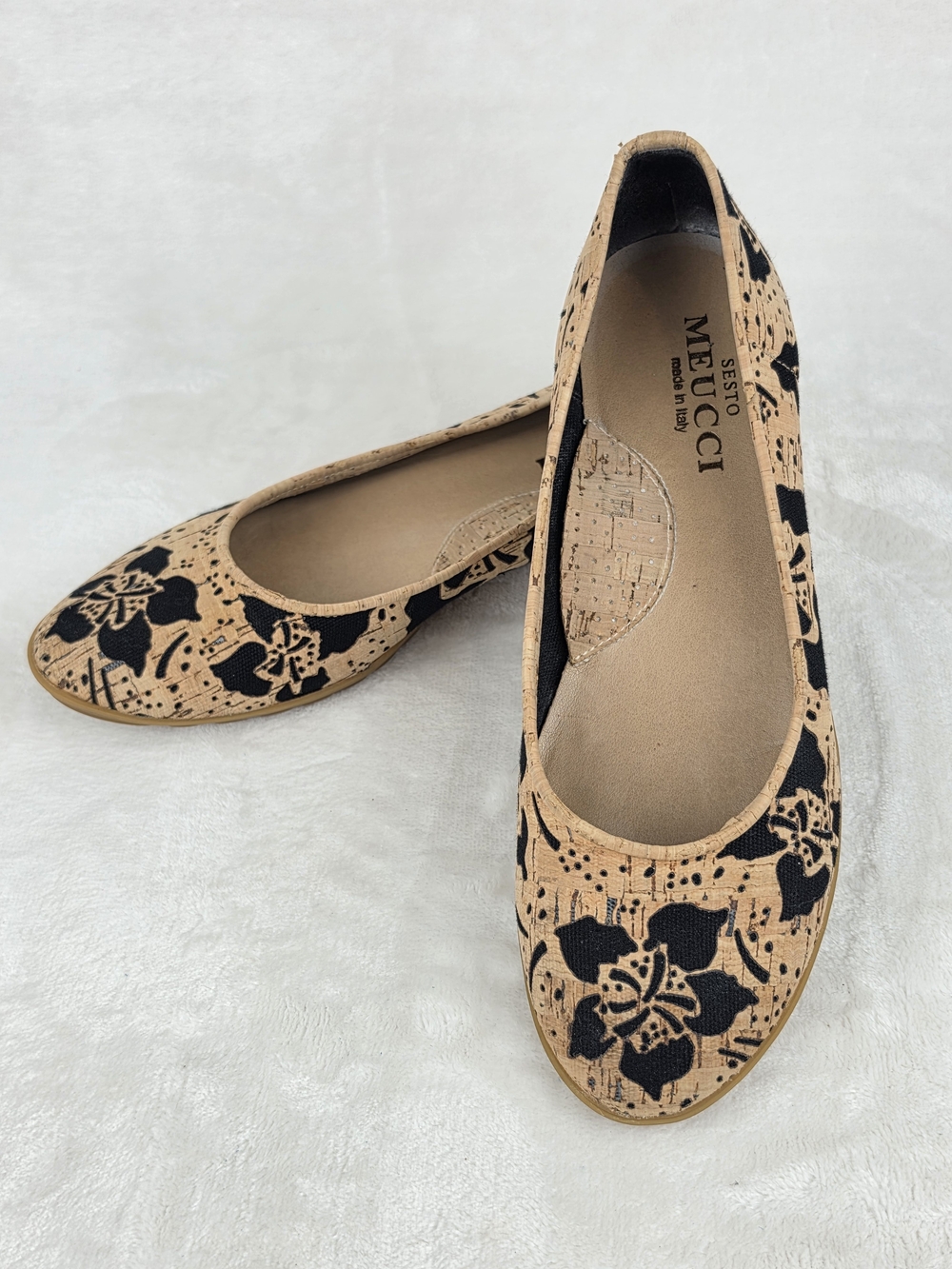 Sesto Meucci Ballet Flats Womens ~8 Tan‎ Black Lace Cutout Cork Made Italy